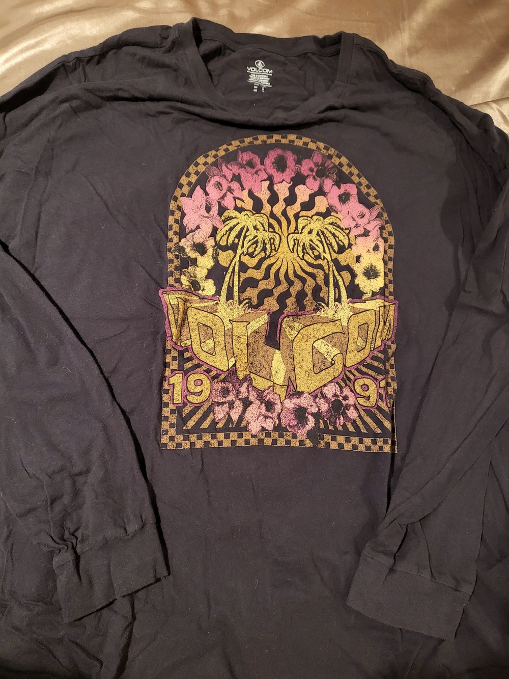 Volcom Black Long Sleeve Graphic Tee with Pink and Gold Print